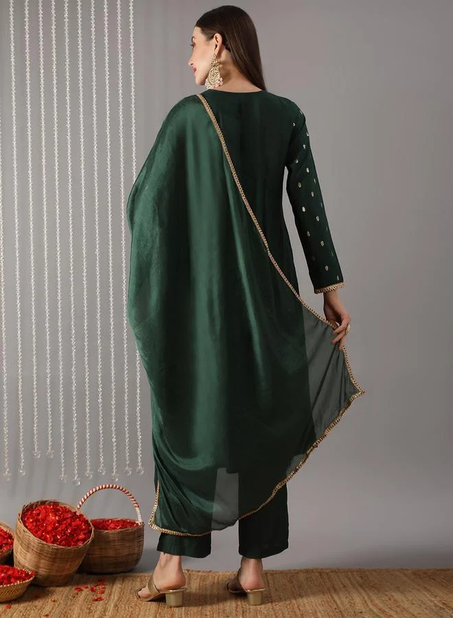 globus Women Green Embroidered A-Line Kurta with Pant and Dupatta Set